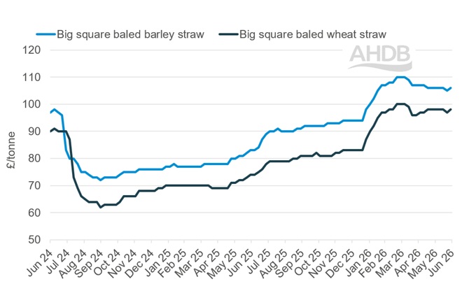 A line graph showing GB big bale straw weekly prices 28 June 2026.
